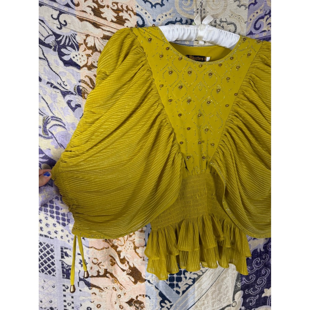 Chartreuse Gold Unique Beaded Whimsy Fairy Bohemian Chic Women's Top Size M - Picture 3 of 16